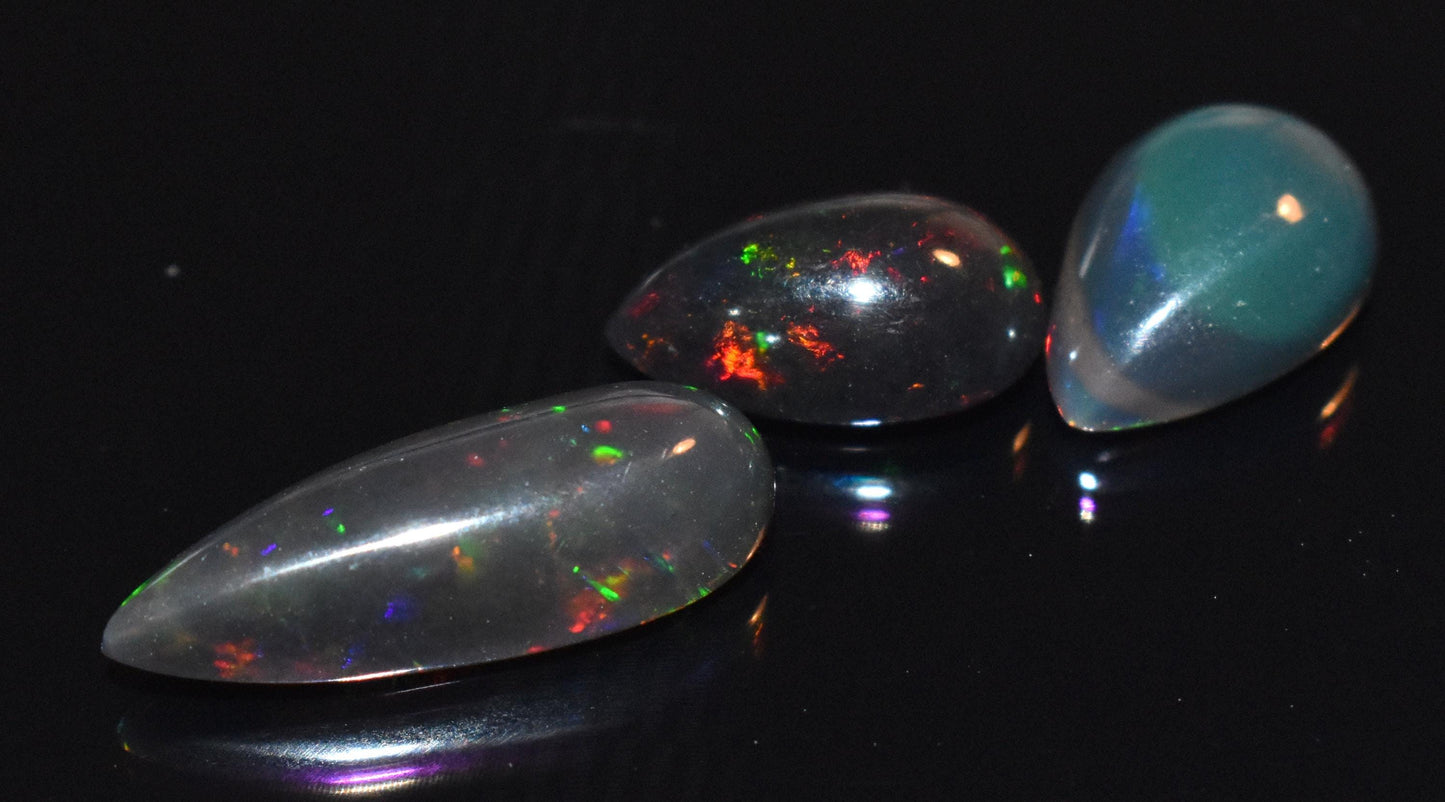 Opal- Natural Black Ethiopian Opal- Pear Welo Fire Cabochon Gemstone Lot- 7.30 Ct- Size-8.5x12.5x5mm To 7.5x19x5mm- For Making Jewelry- PC-3