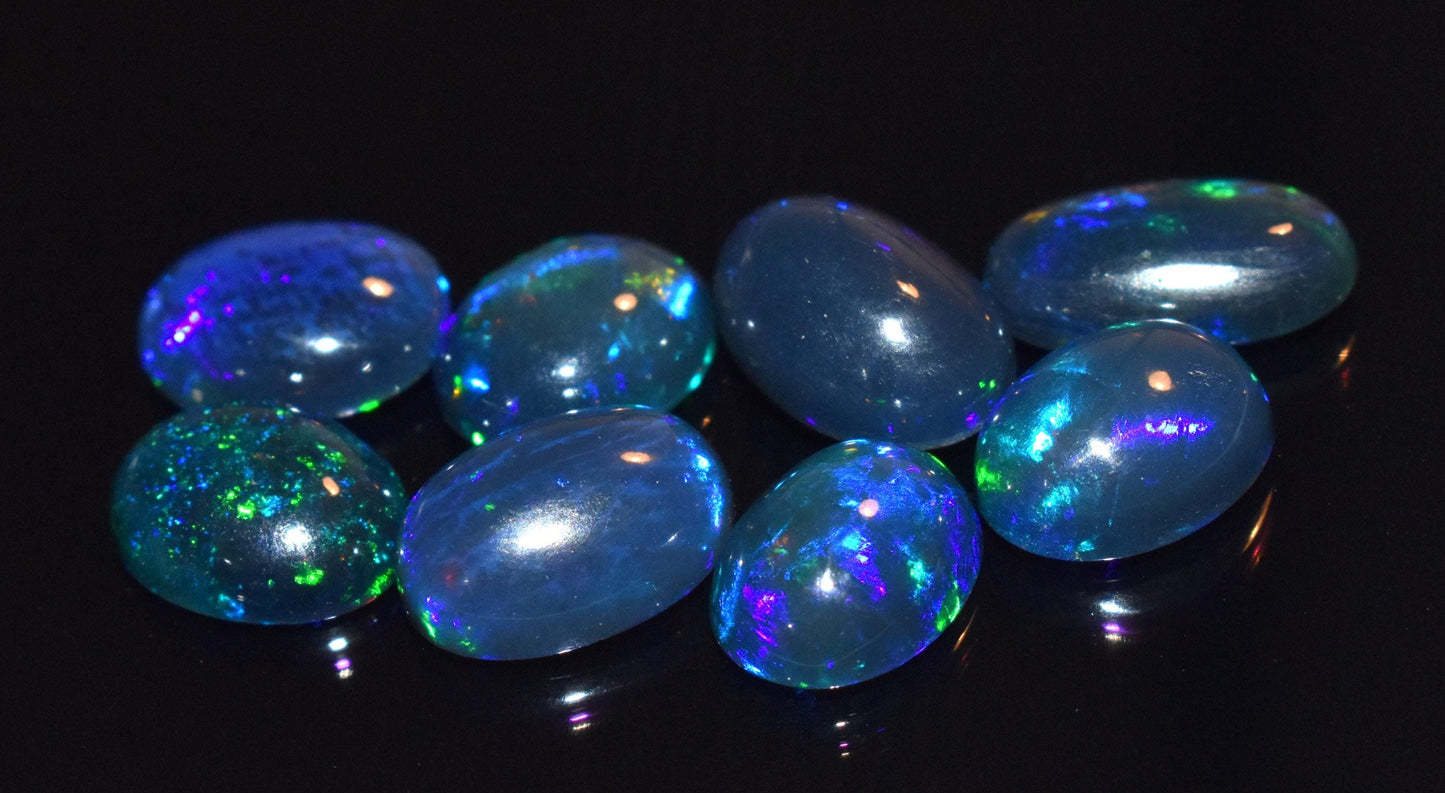 Fire Opal, Natural Ethiopian Black Opal, Oval Welo Fire Cabochon Gemstone Lot, 15.60 Ct, Size-8x10x4.5mm To 7x12.5x4mm, For Jewelry Making