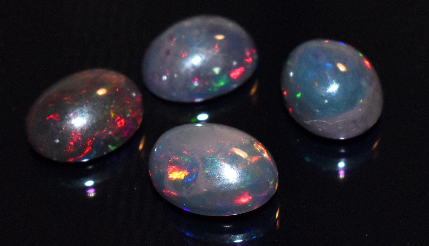 Natural Ethiopian Black Opal, Oval Welo Fire Cabochon Gemstone Lot, 7.45 Ct, Size-8x10x5mm To 8.5x11x5mm, For Jewelry Making, PC-4