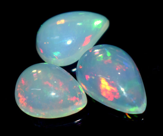 100% Natural Ethiopian Opal, Pear Welo Fire Cabochon Gemstone Lot, 7.40 Carat, Size-9.5x12x5.5mm To 9.5x14x5mm, For Jewelry Making,