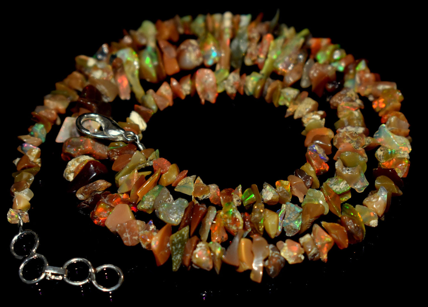 100% Natural Ethiopian Opal, Chips Beaded Hook Lock Necklace, 63.40 Ct, Bead Size-11mm To 4mm Long, Necklace Length- 18'' Inches,