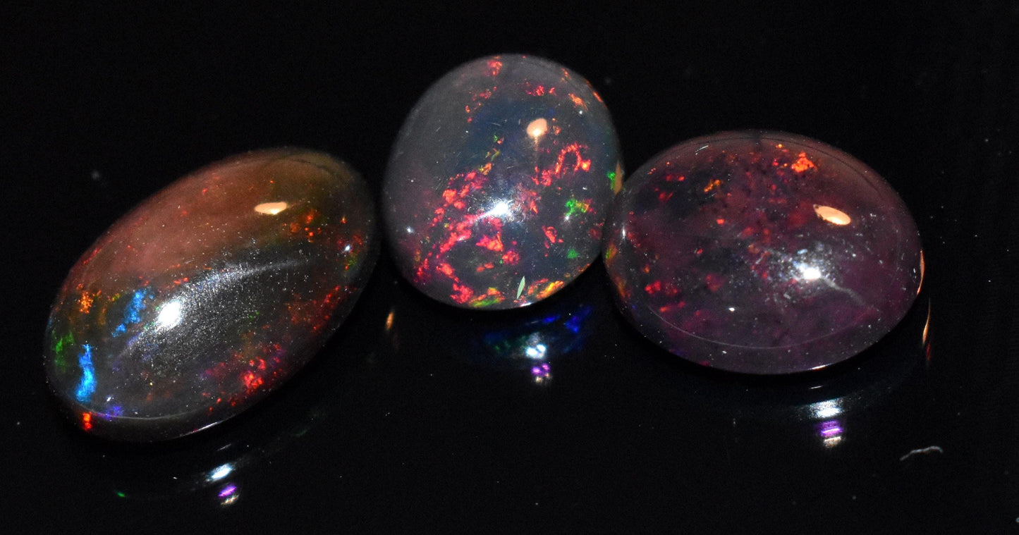 Genuine & Natural Black Ethiopian Opal- Oval Welo Fire Cabochon Gemstone Lot- 6.40 Ct- Size-8x10x5mm To 9x13x5mm- For Making Jewelry- PC-3