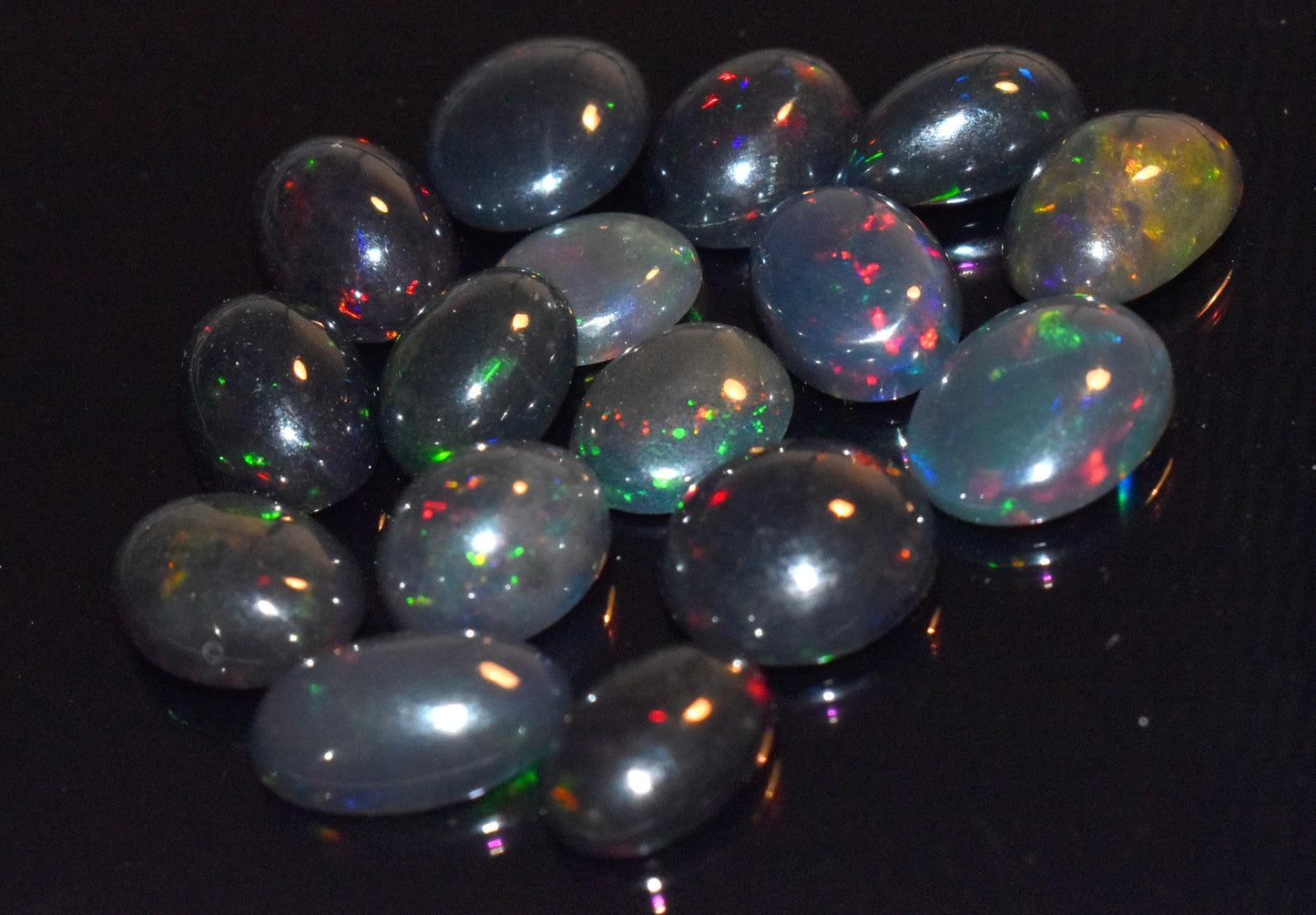 Natural Black Ethiopian Opal- Oval Welo Fire Cabochon Gemstone Lot- 34.00 Ct- Size-8.5x10x3mm To 11.5x11.5x5mm- For Making Jewelry- PC-16