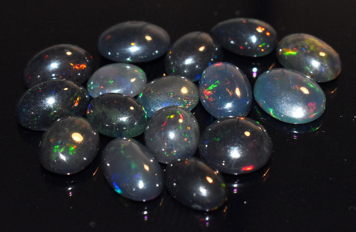 Natural Black Ethiopian Opal- Oval Welo Fire Cabochon Gemstone Lot- 34.00 Ct- Size-8.5x10x3mm To 11.5x11.5x5mm- For Making Jewelry- PC-16