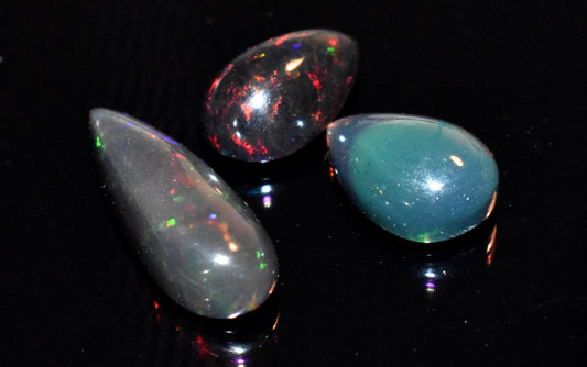 Opal- Natural Black Ethiopian Opal- Pear Welo Fire Cabochon Gemstone Lot- 7.30 Ct- Size-8.5x12.5x5mm To 7.5x19x5mm- For Making Jewelry- PC-3