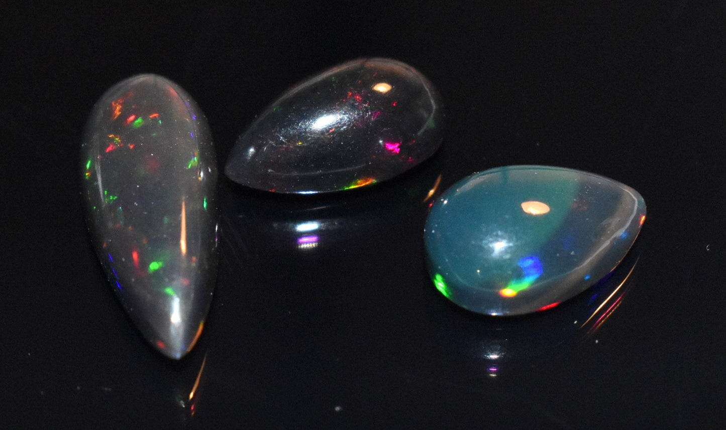 Opal- Natural Black Ethiopian Opal- Pear Welo Fire Cabochon Gemstone Lot- 7.30 Ct- Size-8.5x12.5x5mm To 7.5x19x5mm- For Making Jewelry- PC-3