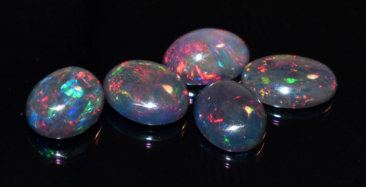 Black Opal, Natural Ethiopian Black Opal, Oval Welo Fire Cabochon Gemstone Lot, 8.95 Ct, Size-8.5x10.5x4mm To 8x12x3.5mm, For Jewelry Making