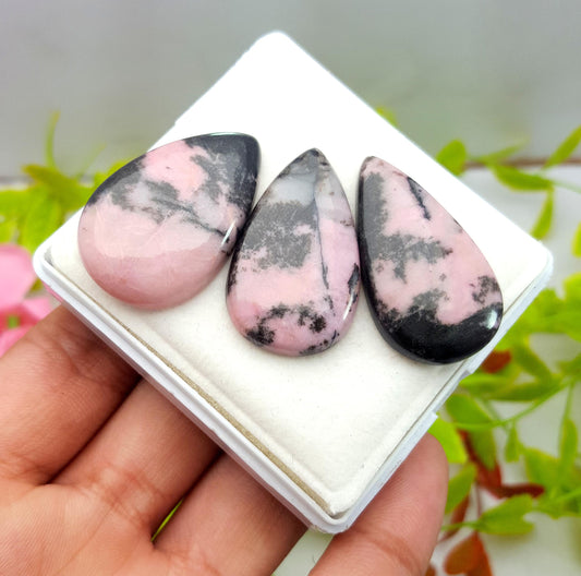 3 Pieces, 100% Natural Pink Peruvian Opal Pear Cabochon Gemstone Lot, 99.99 Carat, Size-35x20x6mm To 33x20x5mm, For Jewelry Making,