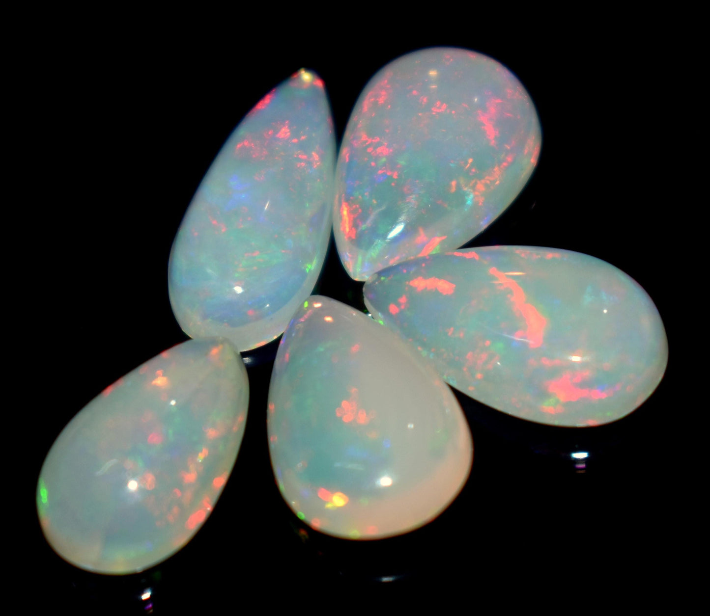 Natural Ethiopian Opal, Pear Welo Fire Cabochon Gemstone Lot, 15.50 Carat, Size-8.5x14.5x5.5mm To 8x18.5x4mm, For Jewelry Making, Pieces-5