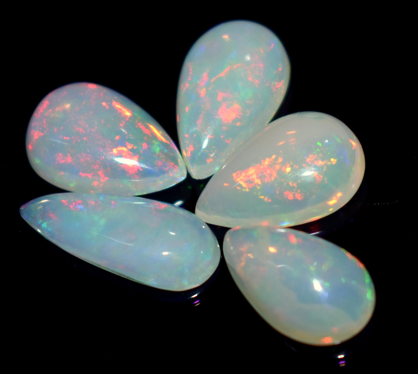 Natural Ethiopian Opal, Pear Welo Fire Cabochon Gemstone Lot, 15.50 Carat, Size-8.5x14.5x5.5mm To 8x18.5x4mm, For Jewelry Making, Pieces-5