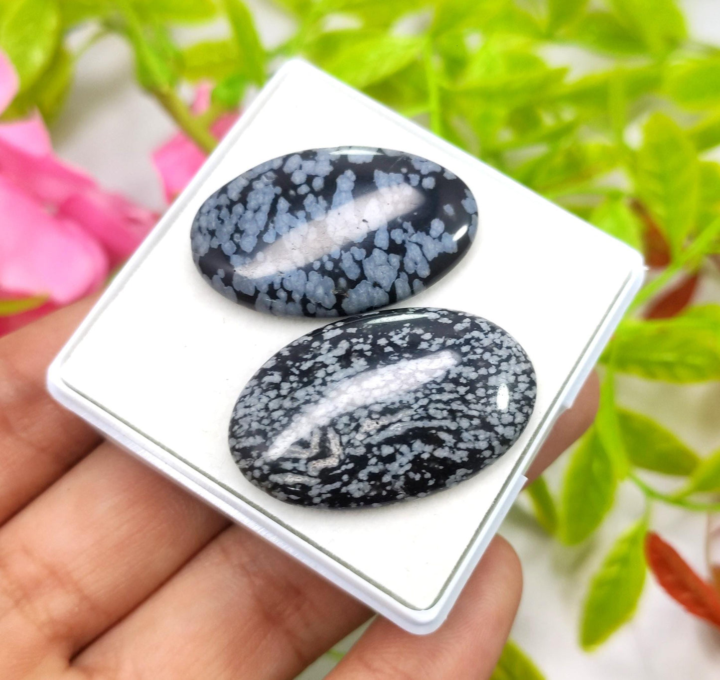 Obsidian, 100% Natural Snow Flake Obsidian, Oval Smooth Cabochon Gemstone Lot, 46.80 Carat, Size-33x21x4mm To 32x20x4mm, Gift For Her, PC-2