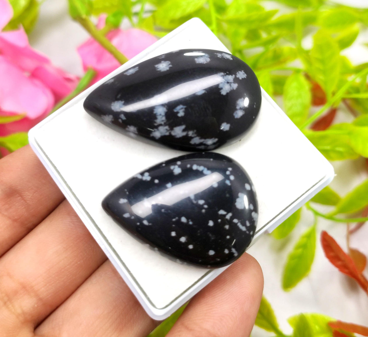 Obsidian, 100% Natural Snow Flake Obsidian, Pear Smooth Cabochon Gemstone Lot, 78.40 Carat, Size-39x24x7mm To 32x24x5mm, Gift For Her, PC-2