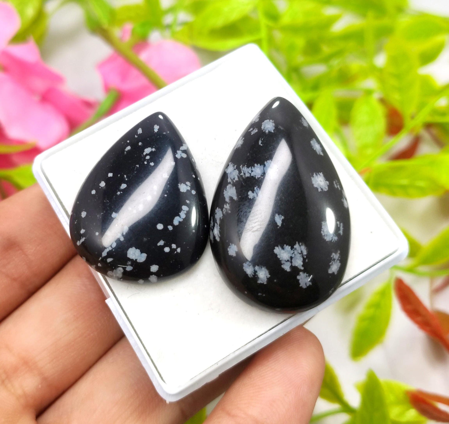 Obsidian, 100% Natural Snow Flake Obsidian, Pear Smooth Cabochon Gemstone Lot, 78.40 Carat, Size-39x24x7mm To 32x24x5mm, Gift For Her, PC-2