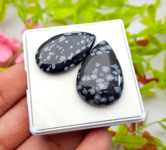 Obsidian, 100% Natural Snow Flake Obsidian, Pear Smooth Cabochon Gemstone Lot, 42.20 Carat, Size-31x18x4mm To 31x21x5mm, Gift For Her, PC-2