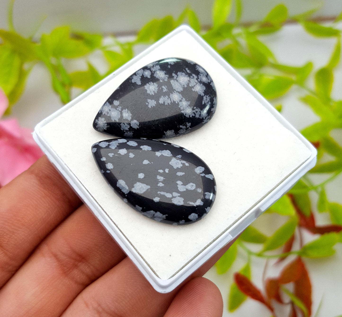 Obsidian, 100% Natural Snow Flake Obsidian, Pear Smooth Cabochon Gemstone Lot, 41.10 Carat, Size-29x21x4mm To 28x20x5mm, Gift For Her, PC-2