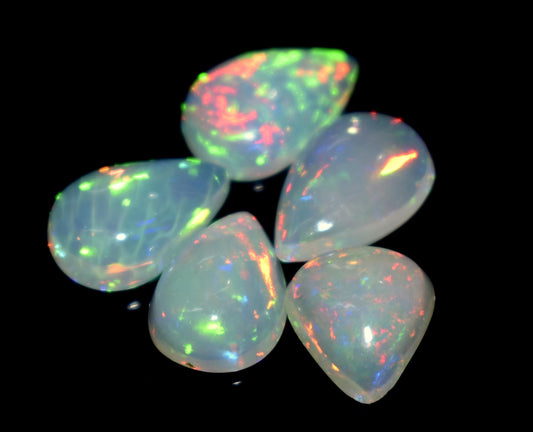 Opal, 100% Natural Ethiopian Opal, Pear Welo Fire Cabochon Gemstone Lot, 7.70 Ct, Size-12x8x3mm To 9.5x8.5x4mm, For Jewelry Making, PC-5