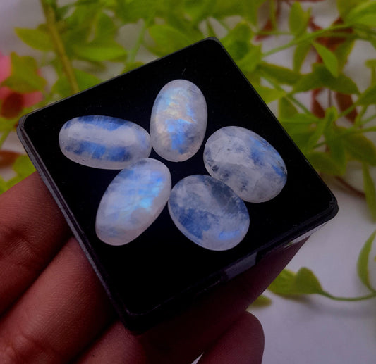 Natural Rainbow Moonstone, Oval Smooth Cabochon Gemstone Lot, 50.50 Carat, Size-18x12x5mm To 17x13x5mm, Gift For Her, PC-5