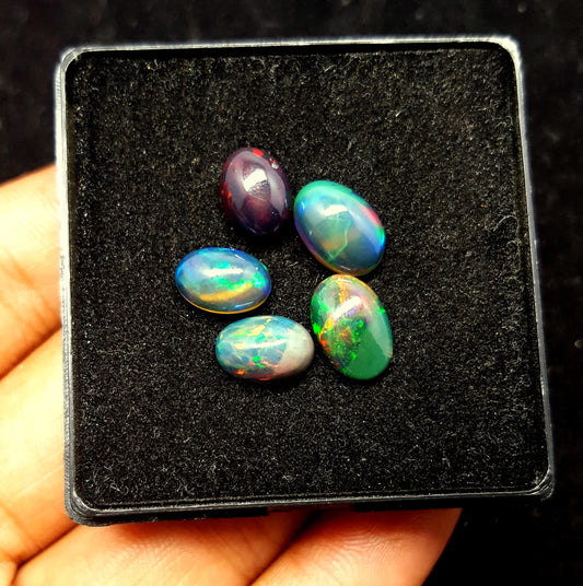 Natural Black Ethiopian Opal, Oval Cabochon Gemstone Lot, 7.70 Carat, Size-11x8x5mm To 10x7x4mm, Gift For Her, PC-5