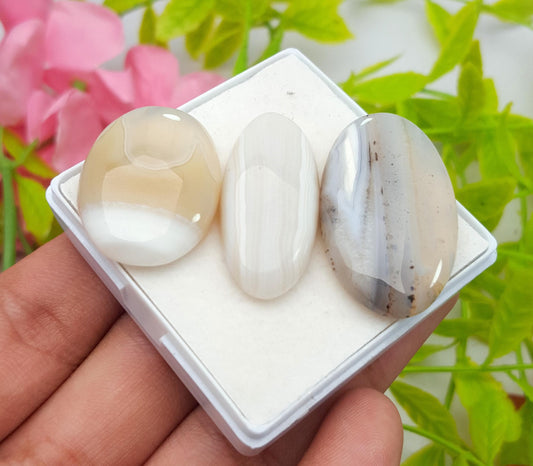 Agate, 100% Natural White Banded Agate, Oval Huge Size Cabochon Gemstone Lot, 84.10 Carat, Size-35x20x5mm To 27x20x6mm, For Jewelry Making,