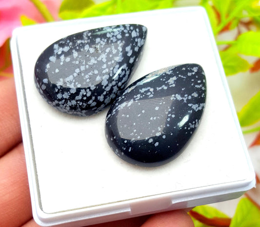 Obsidian, 100% Natural Snow Flake Obsidian, Pear Smooth Cabochon Gemstone Lot, 50.99 Carat, Size-31x20x6mm To 31x19x6mm, Gift For Her, PC-2