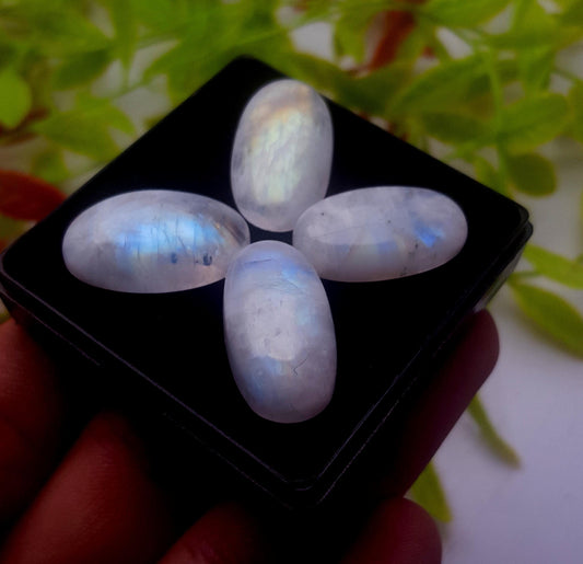 Genuine & Natural Rainbow Moonstone, Oval Smooth Cabochon Gemstone Lot, 63.10 Carat, Size-25x13x4mm To 22x12x5mm, Gift For Her, PC-4