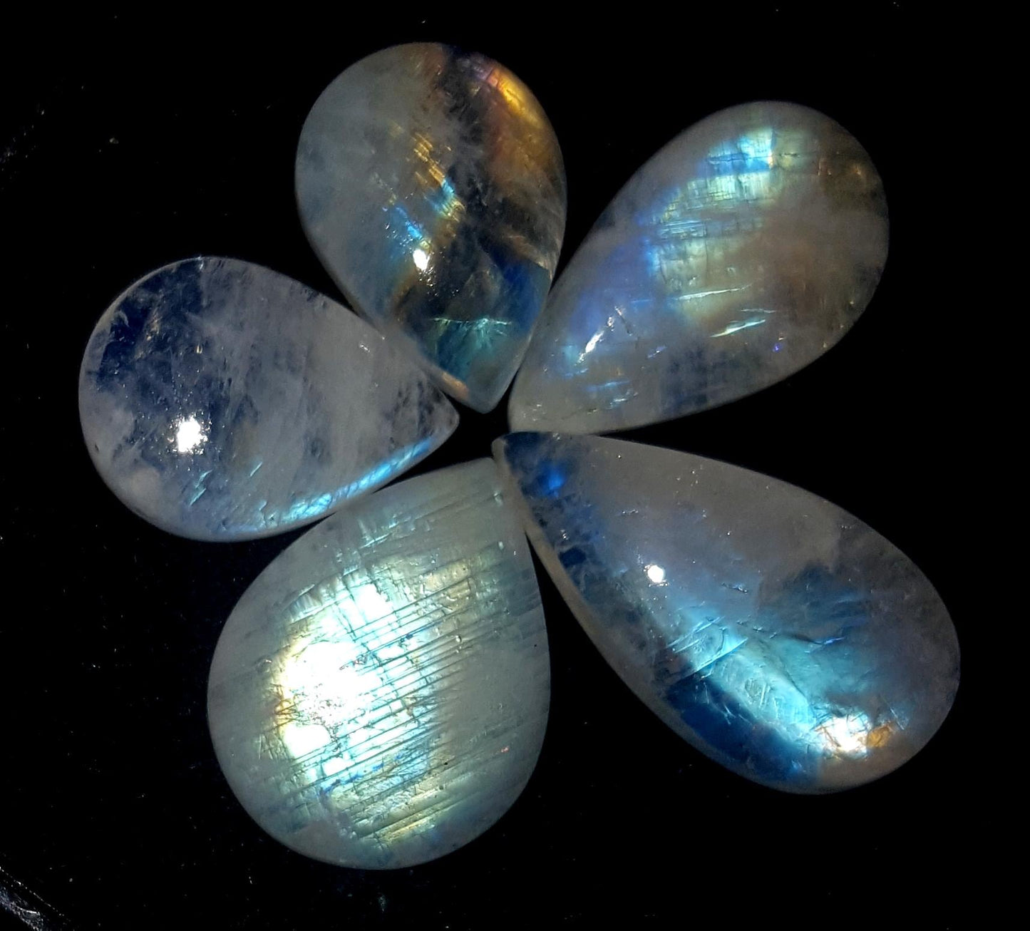 Moonstone, Natural Rainbow Moonstone, Pear Blue Flashy Gemstone Lot, 34.90 Carat, Size-10.5x14x5mm To 11x20.5x6mm , Gift For Her, Pc-5