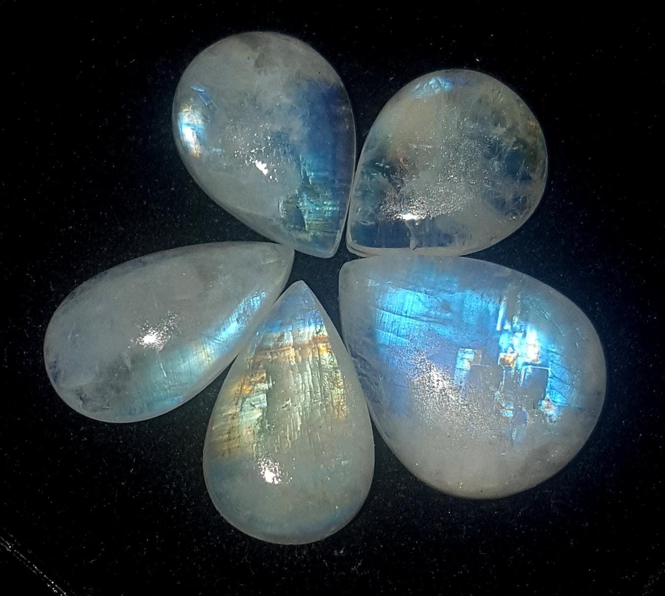 Moonstone, Natural Rainbow Moonstone, Pear Blue Flashy Gemstone Lot, 27.90 Carat, Size-10.5x13x4.5mm To 13x16.5x5.5mm Gift For Her, Pc-5