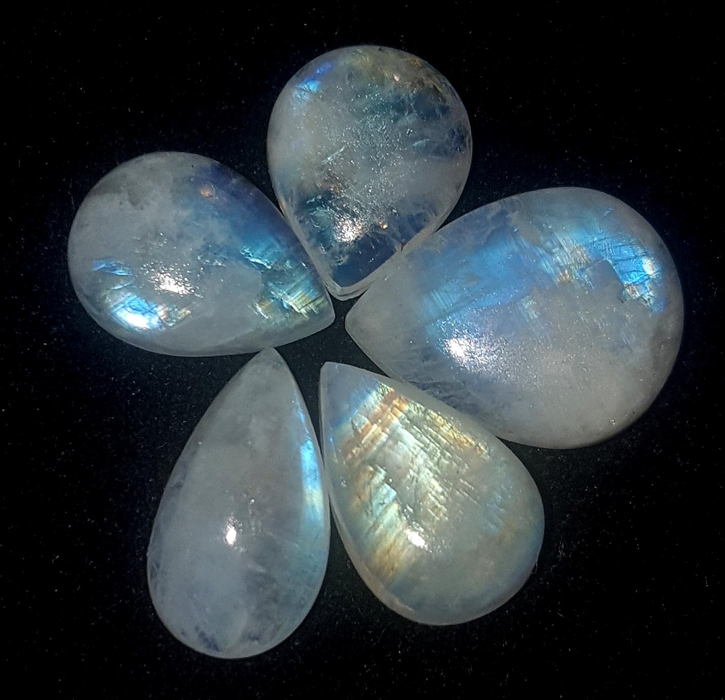 Moonstone, Natural Rainbow Moonstone, Pear Blue Flashy Gemstone Lot, 27.90 Carat, Size-10.5x13x4.5mm To 13x16.5x5.5mm Gift For Her, Pc-5