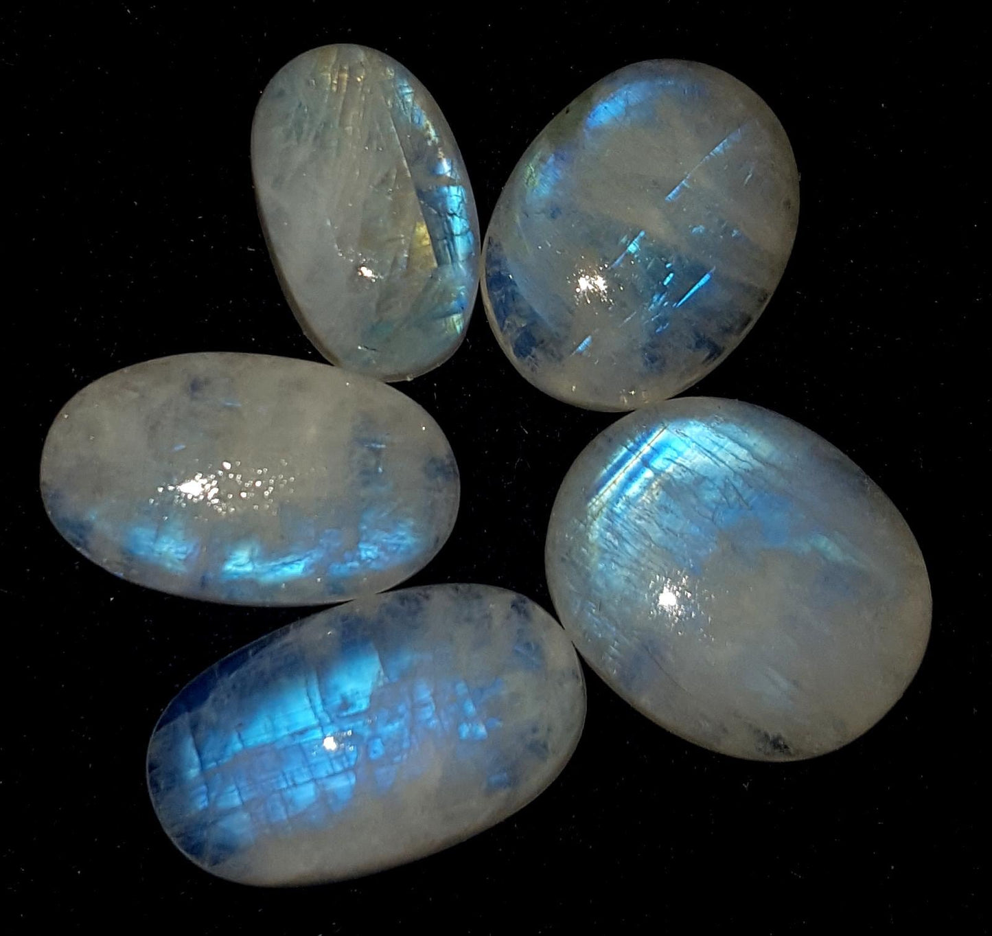 Moonstone, Natural Rainbow Moonstone, Oval Blue Flashy Gemstone Lot, 40.00 Carat, Size-14x9x5.5mm To 18x11x5mm,  Gift For Her, Pc-5