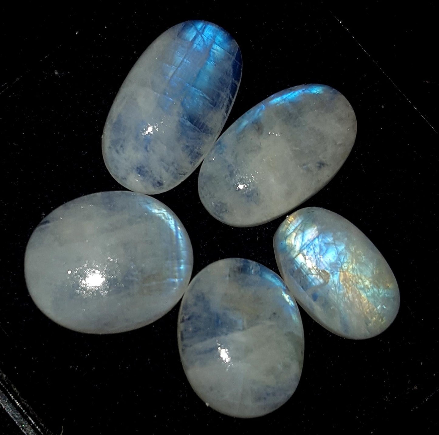 Moonstone, Natural Rainbow Moonstone, Oval Blue Flashy Gemstone Lot, 40.00 Carat, Size-14x9x5.5mm To 18x11x5mm,  Gift For Her, Pc-5