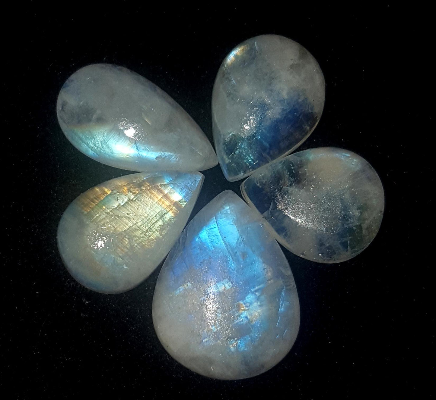 Moonstone, Natural Rainbow Moonstone, Pear Blue Flashy Gemstone Lot, 27.90 Carat, Size-10.5x13x4.5mm To 13x16.5x5.5mm Gift For Her, Pc-5