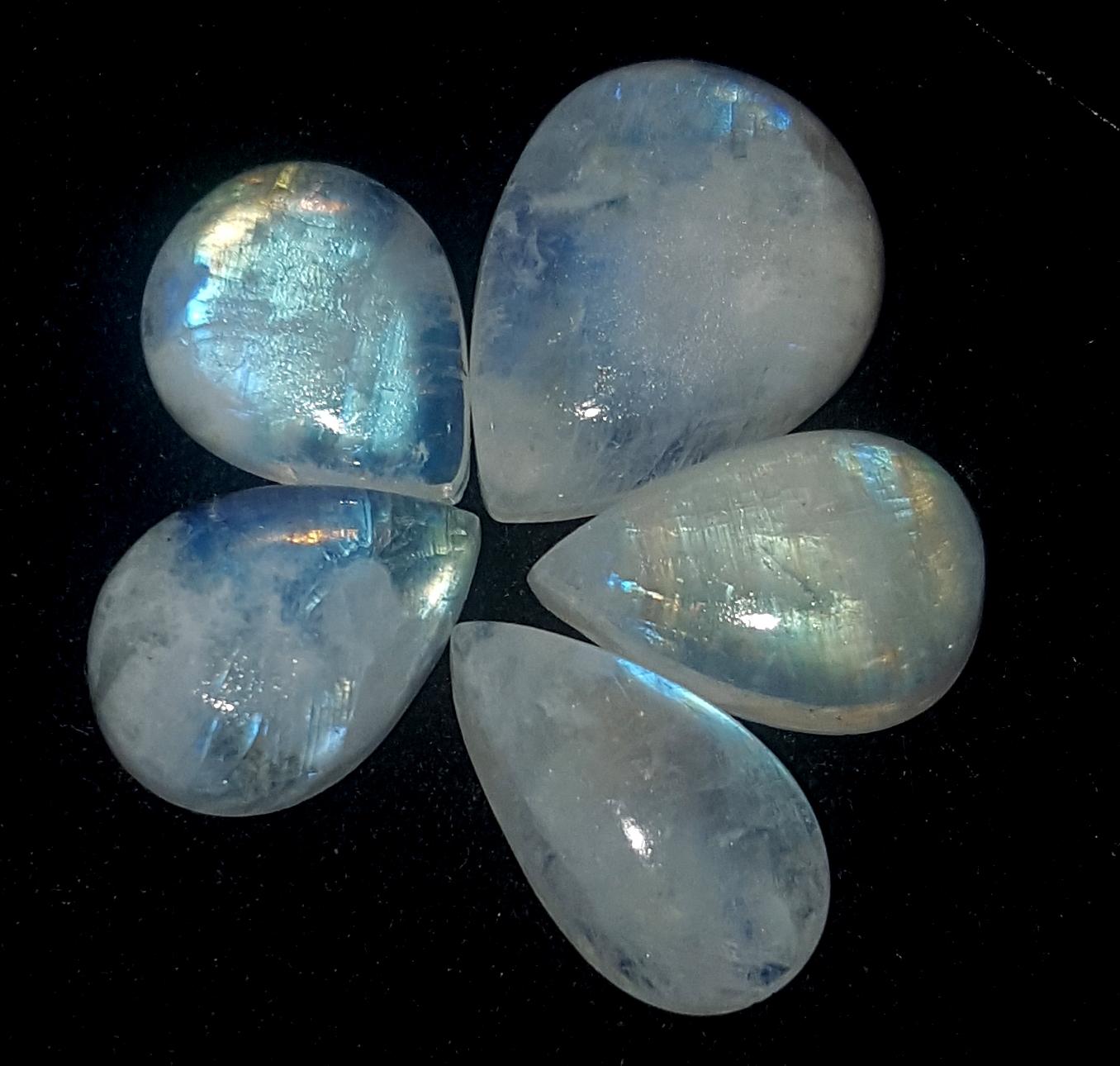 Moonstone, Natural Rainbow Moonstone, Pear Blue Flashy Gemstone Lot, 27.90 Carat, Size-10.5x13x4.5mm To 13x16.5x5.5mm Gift For Her, Pc-5