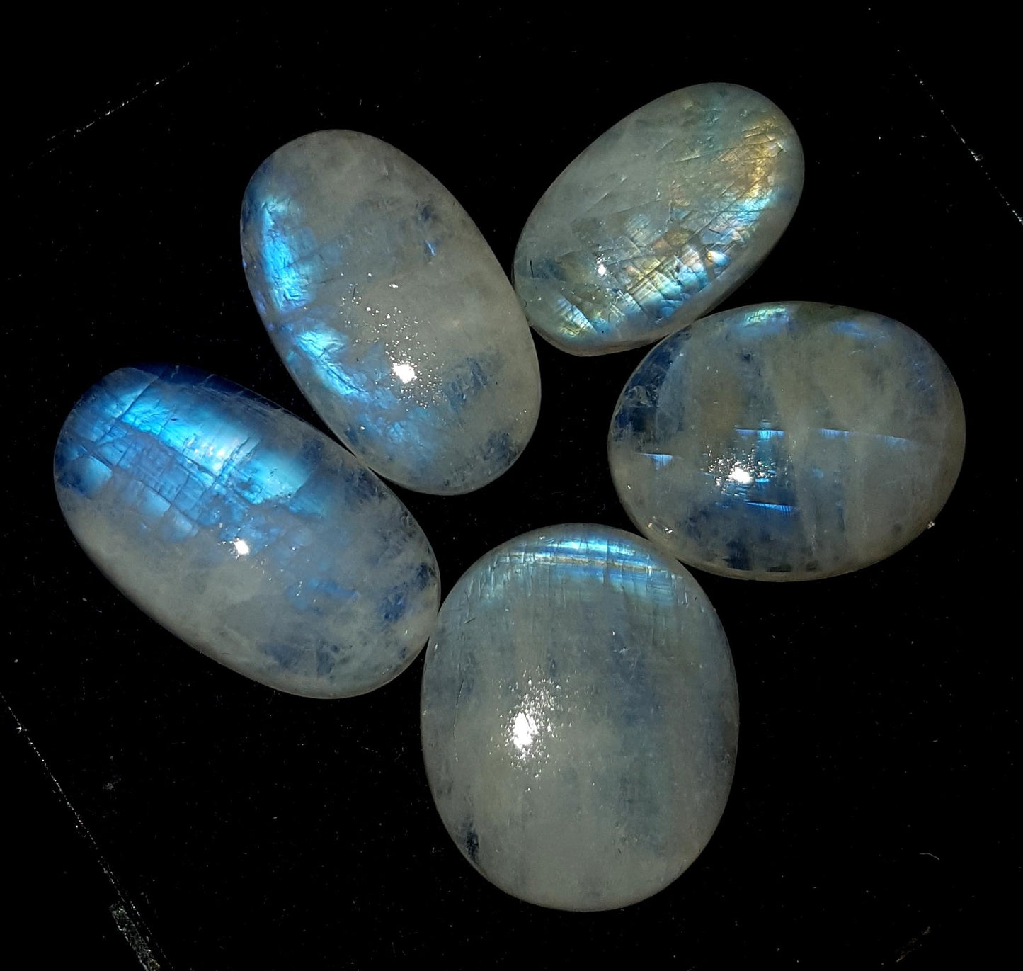 Moonstone, Natural Rainbow Moonstone, Oval Blue Flashy Gemstone Lot, 40.00 Carat, Size-14x9x5.5mm To 18x11x5mm,  Gift For Her, Pc-5