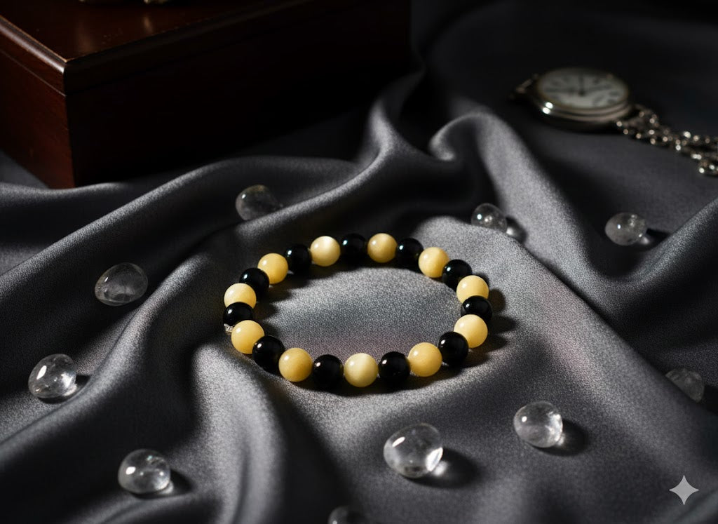 Black Tourmaline & Yellow Calcite Bead Adjustable Bracelet